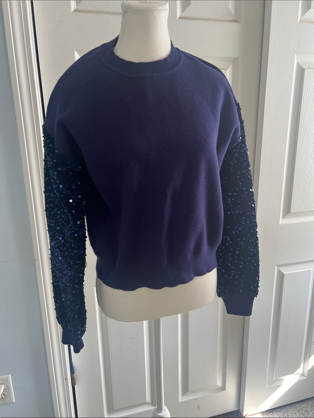 Deep Navy Sequin Sleeve Crewneck Sweater